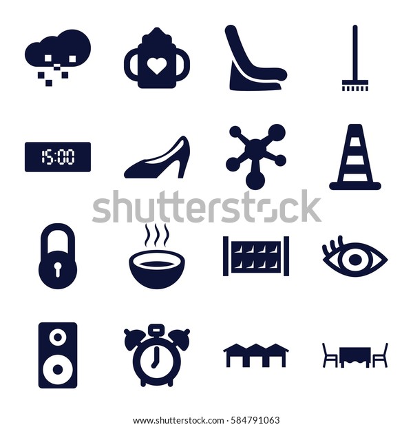 design icons set. Set of\
16 design filled icons such as fence, cone barrier, lock, baby\
bottle, baby seat in car, broom, soup, woman shoe, eye,\
loudspeaker, garage