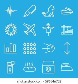 design icons set. Set of 16 design outline icons such as lion, scarecrow, iron, gear, sun, music equalizer, construction  crane, bread, drop, pen, arrow, jet ski, core, chart