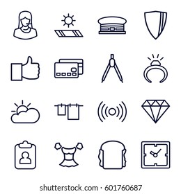 design icons set. Set of 16 design outline icons such as airport, clock, ring, cloth hanging, blouse, sandwich, customer support, sun cloud, carpet in the sun, like, compass