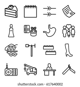 Design icons set. set of 16 design outline icons such as child building kit, bllade razor, cream tube, woman boot, truck with hook, weather vane, cargo trailer, family, radio