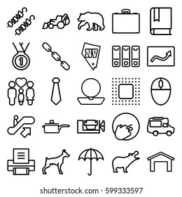 design icons set. Set of 25 design outline icons such as umbrella, escalator up, bear, hippopotamus, dog, garage, powder, Vegas, vice clamp, excavator, van, chain, family