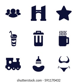 design icons set. Set of 9 design filled icons such as bridge, train toy, shower, bikini, drink, group, star, bin