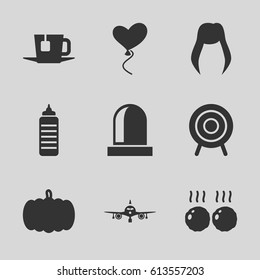 Design icons set. set of 9 design filled icons such as pumpkin, plane, woman hairstyle, heart baloons, target, tea, meat, siren