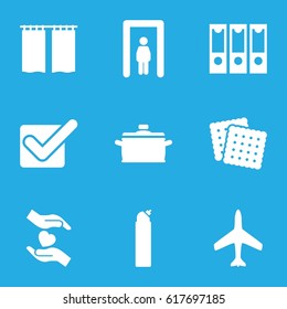 Design icons set. set of 9 design filled icons such as plane, metal gate detector, cookies, cleanser, hands holding heart, pan, curtain, tick