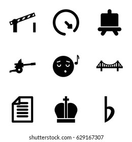 Design icons set. set of 9 design filled icons such as board, bridge, emoji listening music, bemol, paper, road barrier, wall clock, cannon
