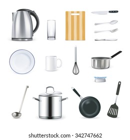 Design icons set of kitchen utensils in realistic style vector illustration