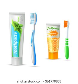 Design Icons Set Of Toothpaste Tubes And Toothbrushs For Kids And Adults Isolated Vector Illustration