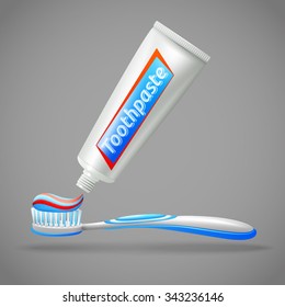 Design Icons Set With Tube Of  Toothpaste And Toothbrush Isolated Vector Illustration  