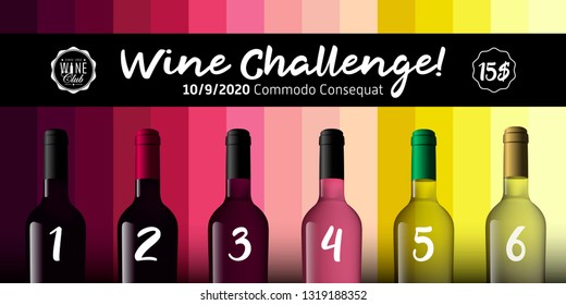 Design idea for party, tasting or wine challenge. Background wine colors in colored mosaic. Illustration of bottles of red, white and rose wine. Vector.