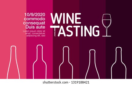 Design idea for party, tasting or wine challenge. Background wine colors in colored stripes. Silhouette of wine bottles. Vector illustration.
