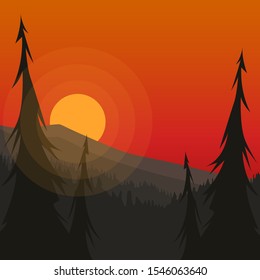 design illustration of beautiful sunset with silhouettes mountain and pine trees - EPS Vector