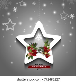Design illustration of a Christmas and New Year Card with festive ornaments hanging from the branches of a Christmas tree with a central black cartouche for your greeting