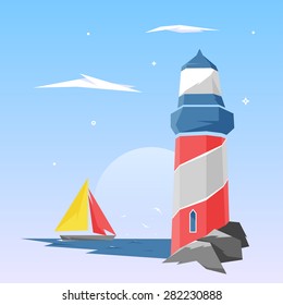 Design Illustration Concepts Lighthouse on the Coast at Sunset with Style Typography. Vector Illustration. Concepts Web Banner and Printed Materials. Trendy and Beautiful. Gradient Background.