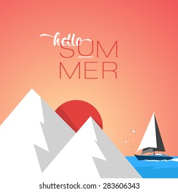 Design Illustration Concepts Summer Landscape with Style Typography. Vector Illustration. Concepts Web Banner and Printed Materials. Trendy and Beautiful. Polygonal Low Poly. Gradient Background