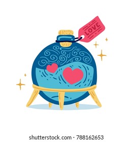 Design illustration with cute battle love potion and flask  of love drink.  Decoration for print on t'-shirt, postcard and poster for happy valentine's day. Vector.