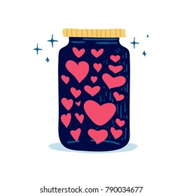Design illustration with  cute battle love potion. Decoration jar of hearts for menu or postcard and poster for happy valentine's day. Vector.