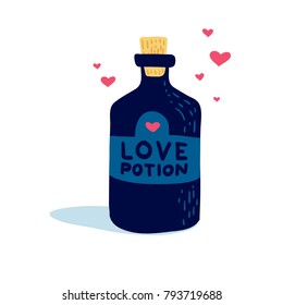 Design illustration with cute battle love potion and jar of love drink.  Decoration for menu or postcard and poster for happy valentine's day. Vector.