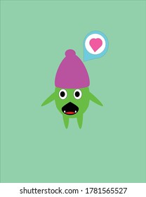 Design illustration of a cute doodle monster with a green body and a purple hat