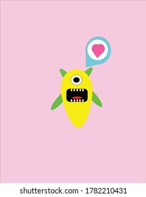 Design illustration of a cute doodle monster with a yellow body and green horns