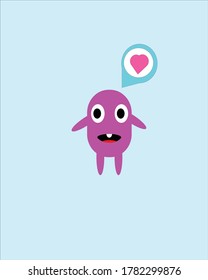 Design illustration of a cute doodle monster with a purple body with a bald head