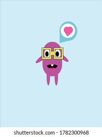 Design illustration of a cute doodle monster with a purple body using yellow glasses
