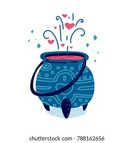 Design illustration with cute doodle witch's cauldron. Poster with drink love in bowl. Print on t-shirt or postcard and invitation for valentine's day. Vector .