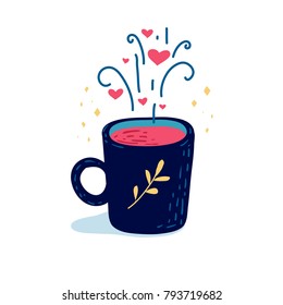 Design illustration with cute love potion and mug of love drink.  Decoration for menu or postcard and poster for happy valentine's day. Print on t-shirt. Vector.