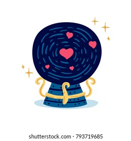 Design illustration with cute magic crystal with heart.  Decoration wizard ball for print on t'-shirt, postcard and poster for happy valentine's day. Vector.