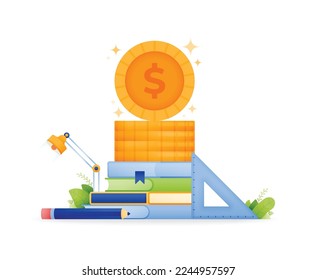 design illustration for education scholarship program. a pile of coins on a pile of books and school stationery. can be used for web, website, posters, apps, brochures