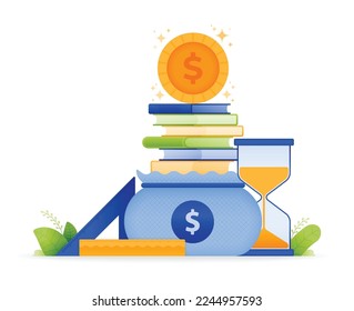 design illustration of an educational funding program and scholarship with merit system. pile of books in sack with coins on top. can be used for web, website, posters, apps, brochures