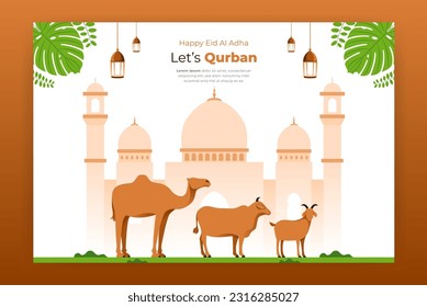 design and illustration of Eid Al-Adha celebration with mosque, cow, goat,camel and leaf illustration