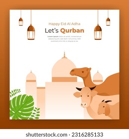 design and illustration of Eid Al-Adha celebration with mosque, cow, goat,camel and leaf illustration