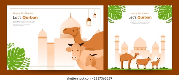 design and illustration of Eid Al-Adha celebration with mosque, cow, goat,camel and leaf illustration