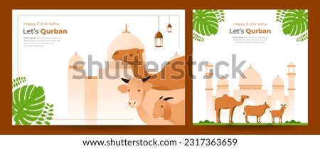 design and illustration of Eid Al-Adha celebration with mosque, cow, goat,camel and leaf illustration