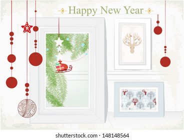 Design illustration for a festive Christmas Card with hanging ornaments and a themed interior with artwork of Santas's sleigh and reindeer on the wall