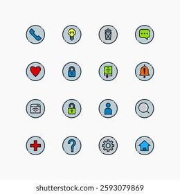 Design Illustration graphic of essential set icon with liine and color style. Suitable for UI, mobile design, web design, etc.