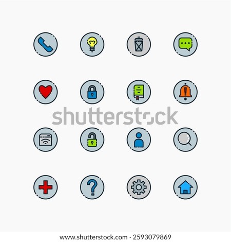 Design Illustration graphic of essential set icon with liine and color style. Suitable for UI, mobile design, web design, etc.