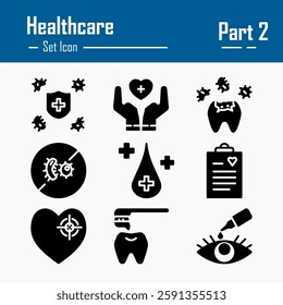 Design Illustration graphic of healthcare set icon part 2 with glyph style. Suitable for UI, mobile design, web design, etc.
