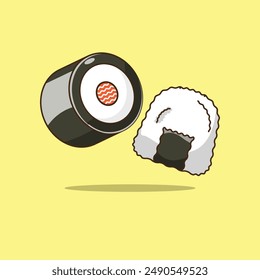 Design an illustration of Japanese food, onigiri and sushi, in a pastel color palette