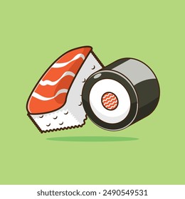 Design an illustration of Japanese food, onigiri and sushi, in a pastel color palette