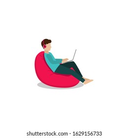 design illustration of a man sitting in a bean bag chair with his laptop to work at home