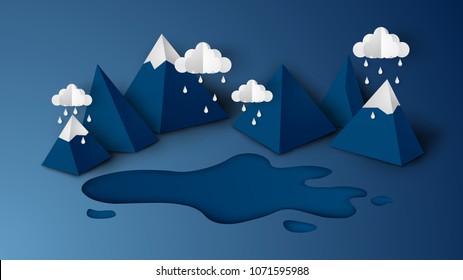 Design illustration of mountain view scene with the weather in the rainy season. on 3D paper art style. paper cut and craft style. vector, illustration.