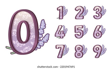 Design illustration in number letters design with lavender flowers, teapot and teacup, as an element, You can use these clipart for any custom project or used for as part of your design.