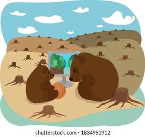 Design illustration on the theme of ecology. The bears are sitting against the background of a felled  forest.