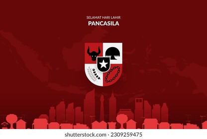 design and illustration of pancasila day celebration with jakarta silhouette and Pancasila symbol