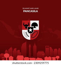 design and illustration of pancasila day celebration with jakarta silhouette and Pancasila symbol