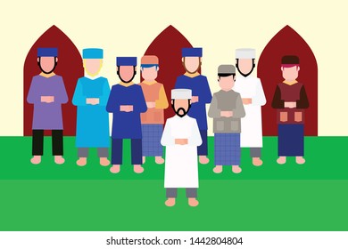 Design illustration people pray to allah at the mosque. - vector