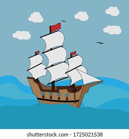 design illustration of a pirate ship in the middle of the ocean