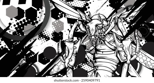 Design Illustration of a robot bee on a black and white abstract textured background, vector, halftone, eps 10, editable.