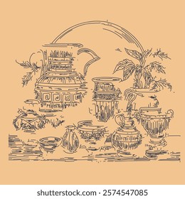 design illustration, scribbled lines depict a civilization in ancient times that looks like pottery or a jug.